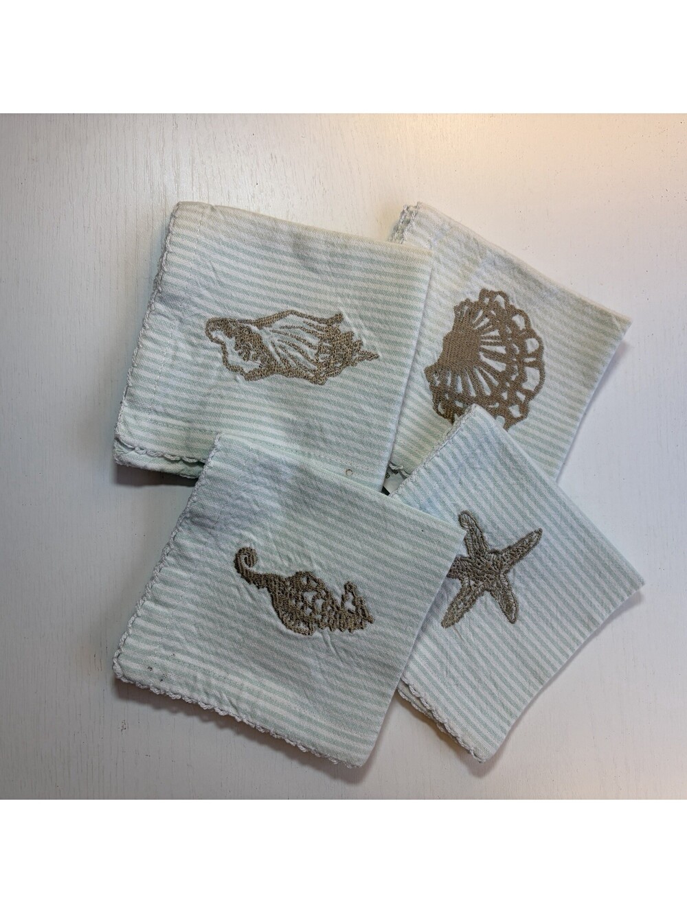 Sur La Table Cotton Stripe Coastal Cocktail Napkins Sea Shells Nautical Set Of 4